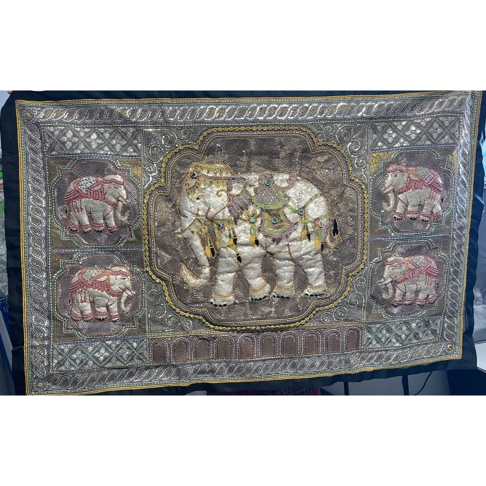 Vintage Kalaga Elephant Tapestry Hand Embroidered Sequin Bead Wall Hanging 35x54
